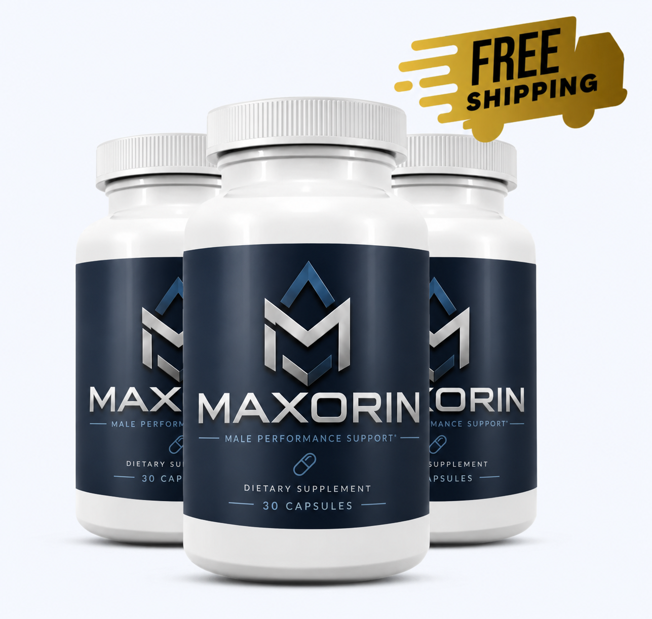Three Maxorin bottles with free shipping graphic