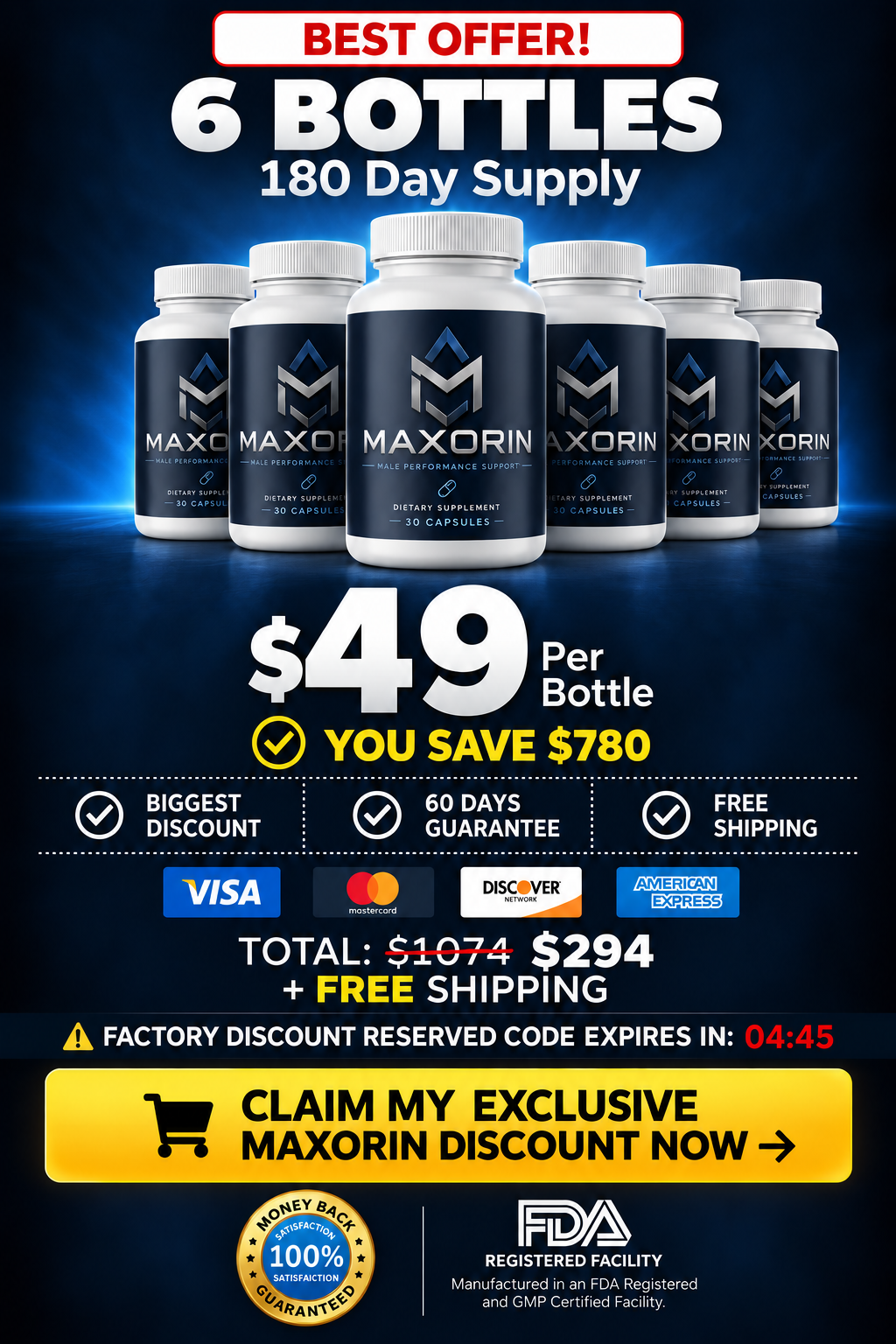 Maxorin six-bottle package. 180-day supply. $49 per bottle, $294 total, plus free shipping. View offer.