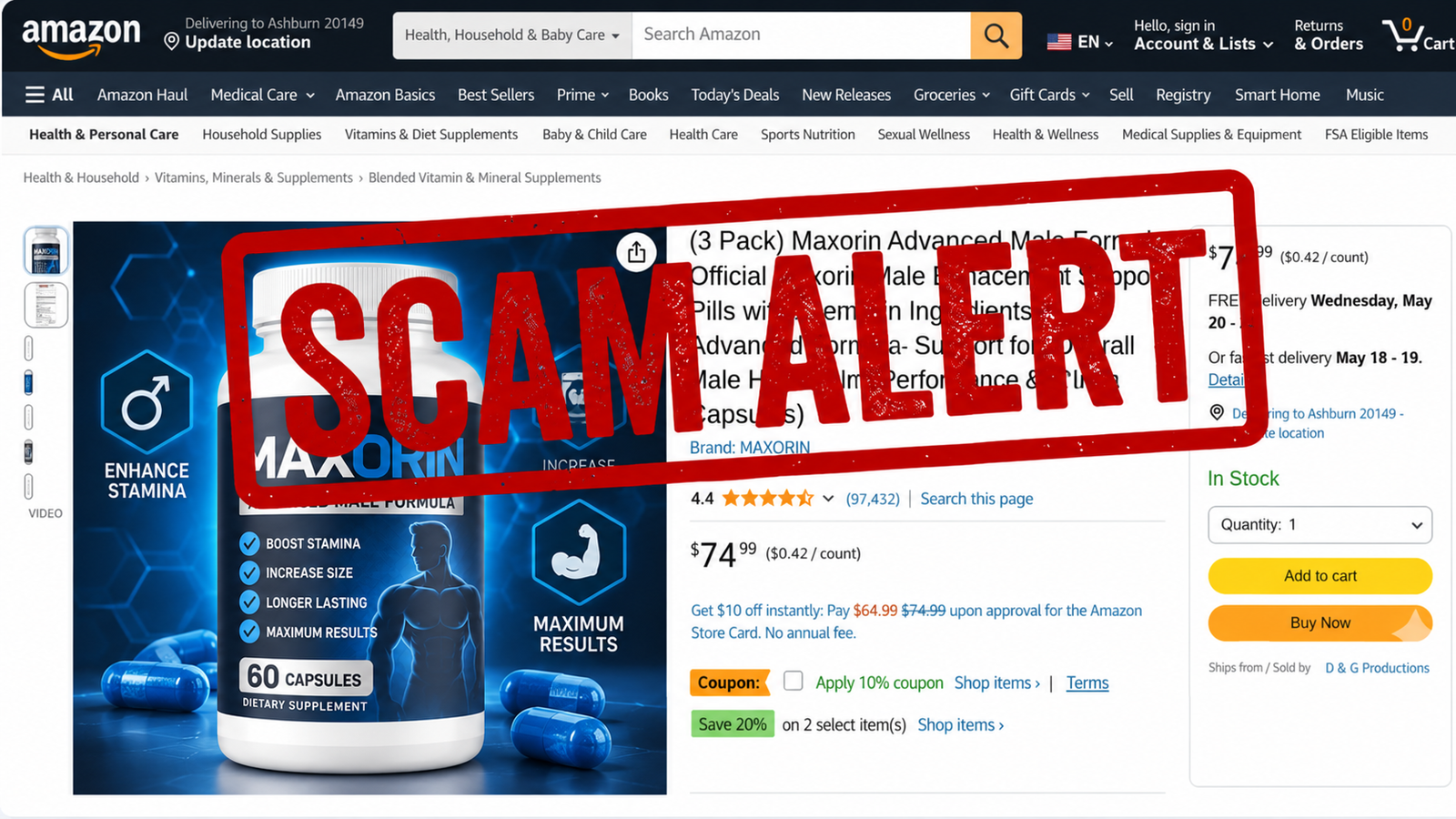Illustrative Amazon scam alert for a look-alike Maxorin listing
