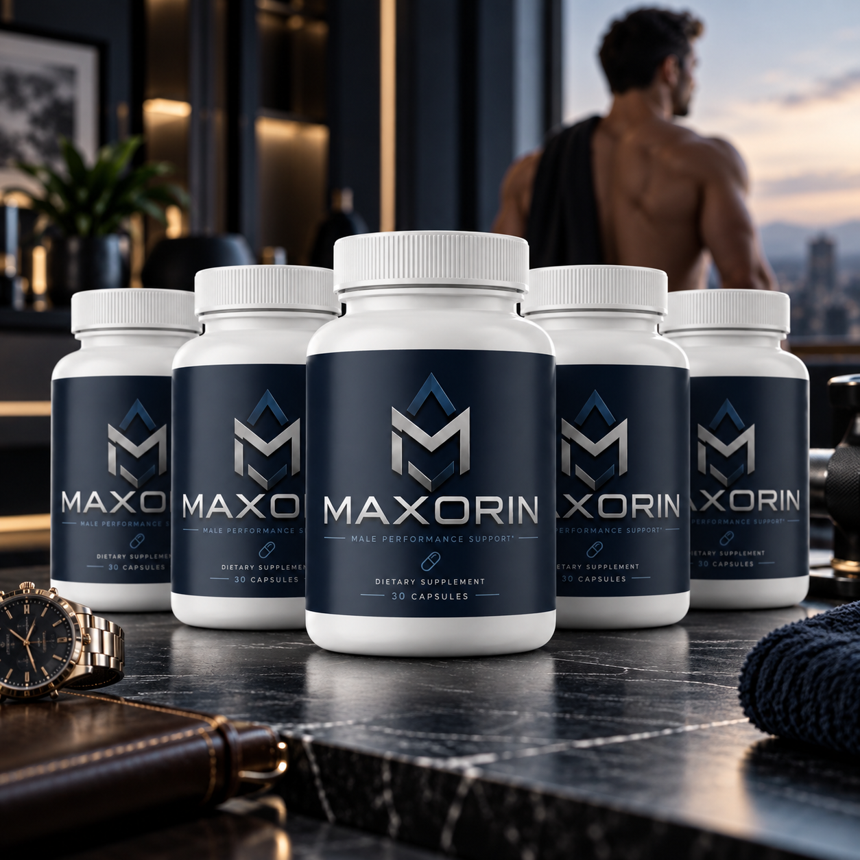 Maxorin bottles in a premium male-performance setting